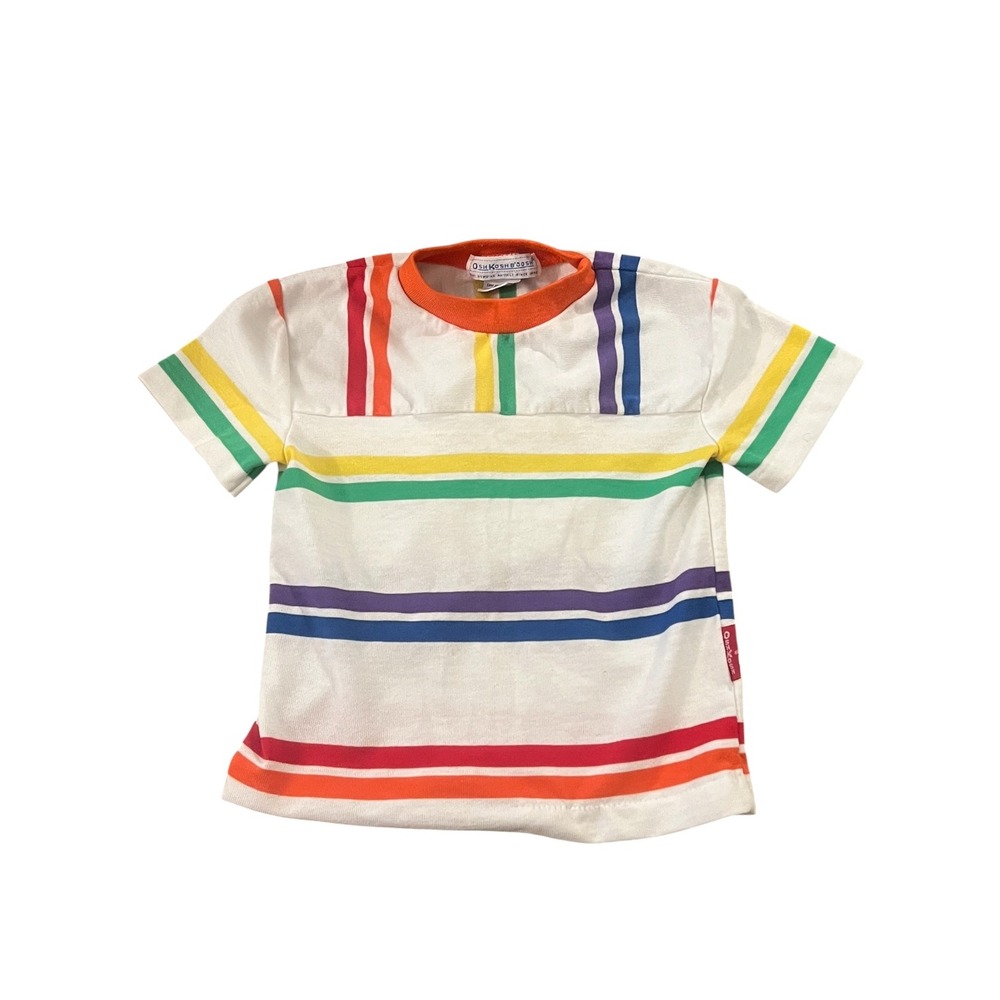Vintage OshKosh Bgosh Rainbow Stripe T-Shirt White Multi Color 2T Made in USA